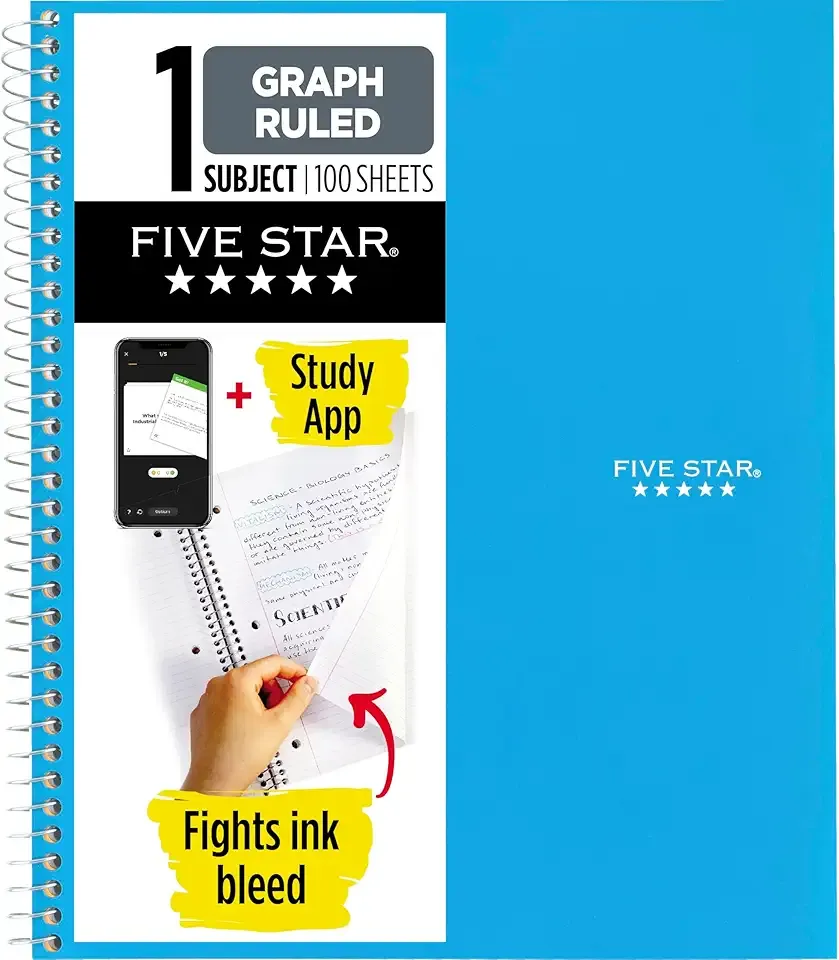 Five Star Spiral Notebook + Study App, 1 Subject, Graph Ruled Paper, 8-1/2" x 11", 100 Sheets, Fights Ink Bleed, Water Resistant Cover, Tidewater Blue (06190AA4)