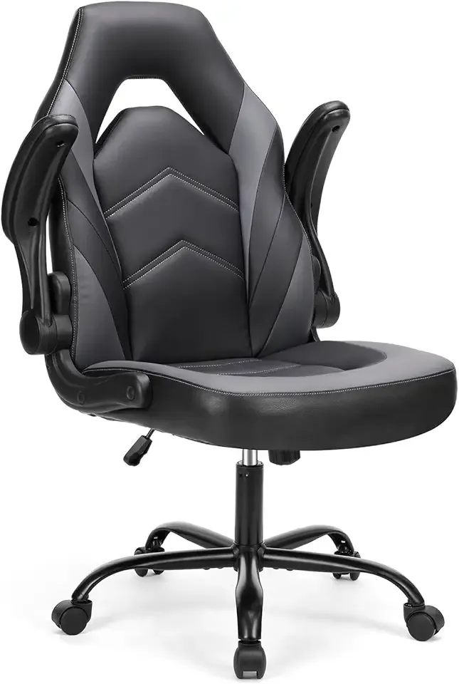 Sweetcrispy Computer Desk Chair, Lumbar Support Video Game Chair PU Leather | PU Leather Flip-up Armrest, Height Adjustable, 360 Swivel for Adults, Black Grey