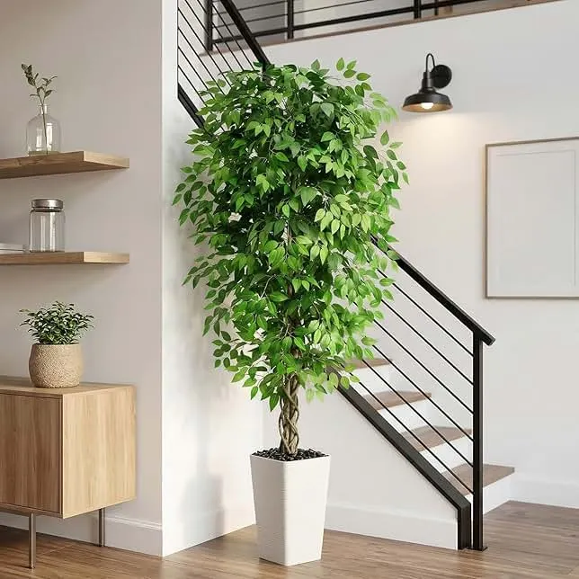 FSOHOI Artificial Ficus Tree 6FT Faux Plants Indoor Tall Fake Plants with White Planter, Green Lifelike Lush Fake Ficus Tree for Home Living Ro…