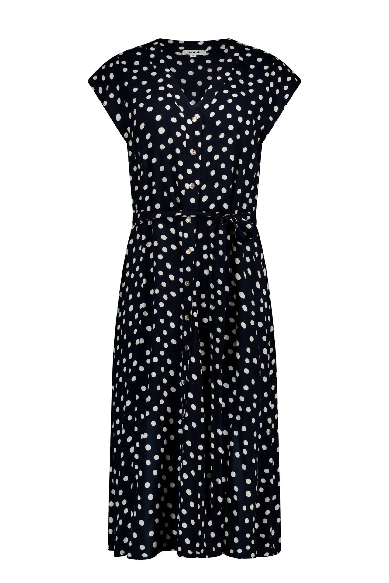 Donkerblauwe midi jurk met polkadots
