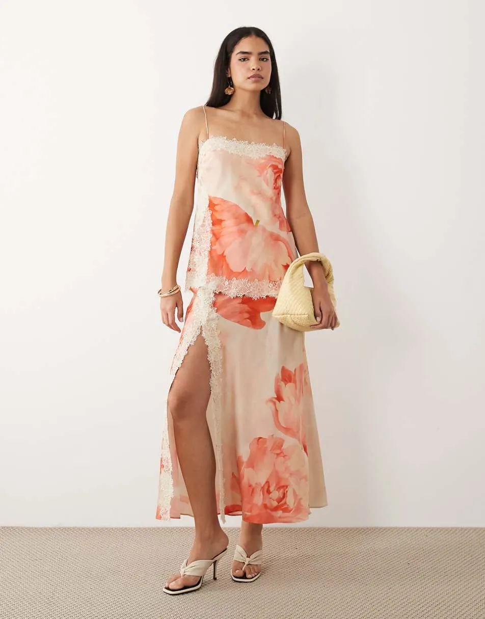 ASOS DESIGN satin cami bias double layer lace applique maxi dress in orange oversized floral print