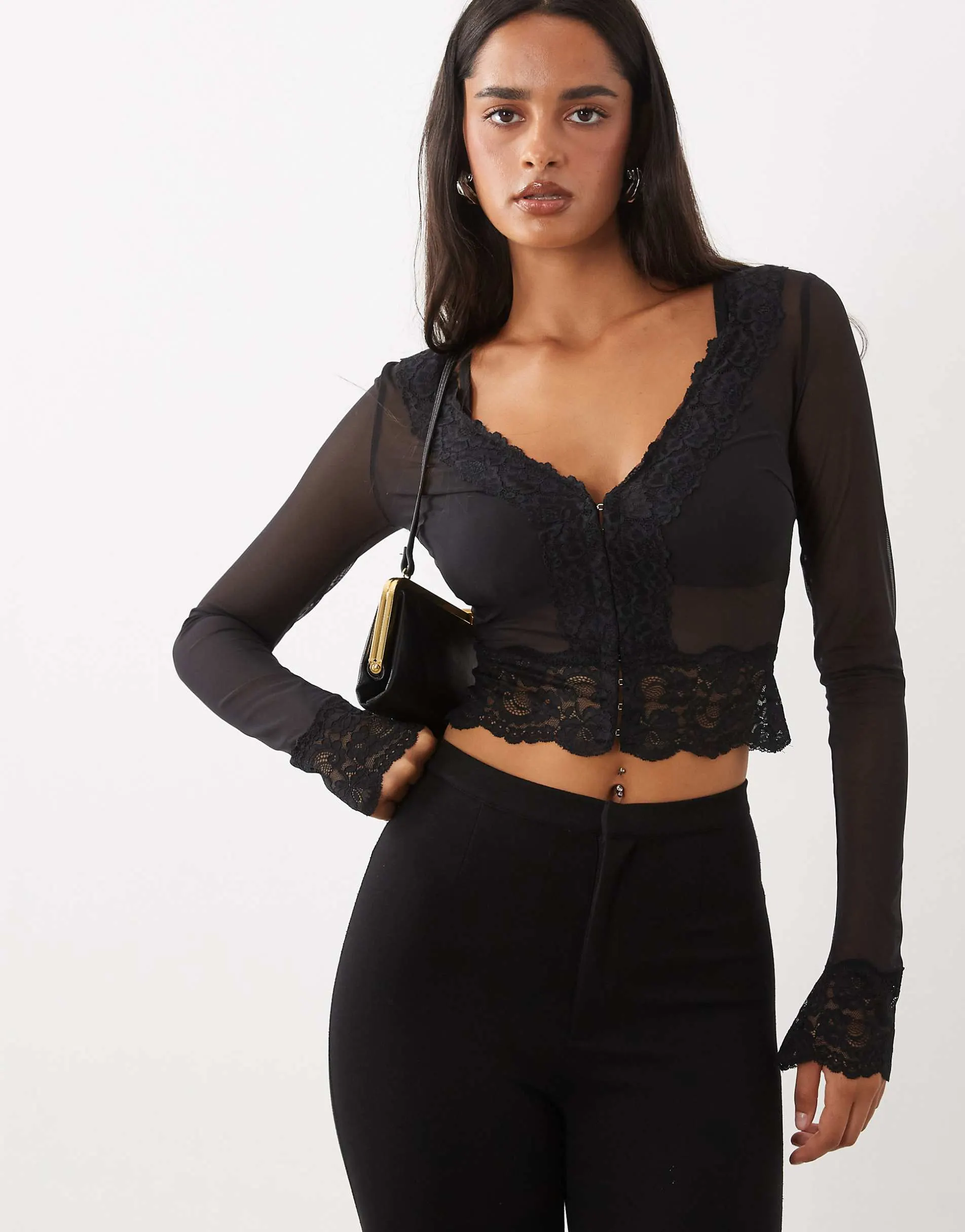 Oh Polly lace trim hook and eye cardigan in black