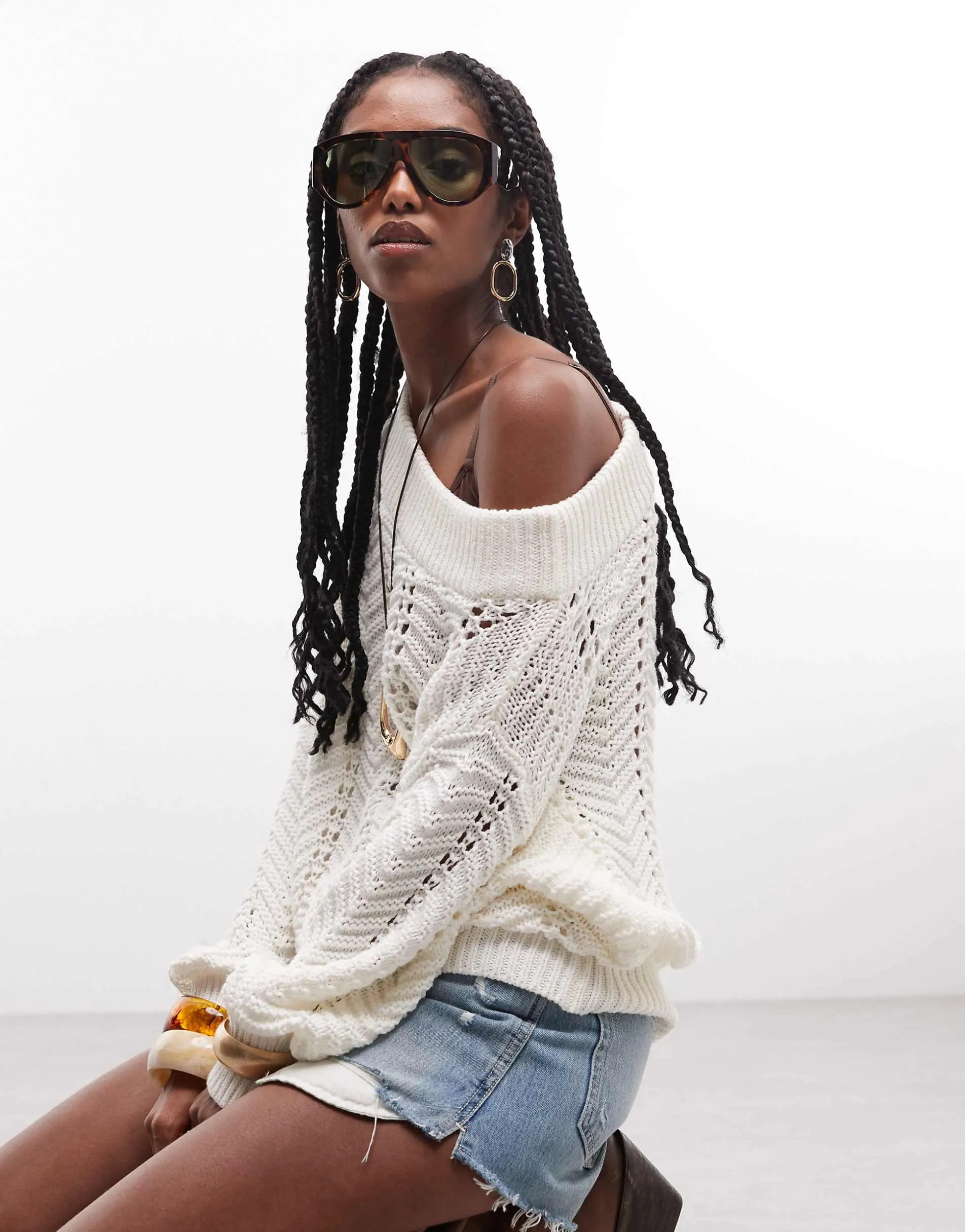 ASOS DESIGN slouchy off the shoulder crochet jumper in cream