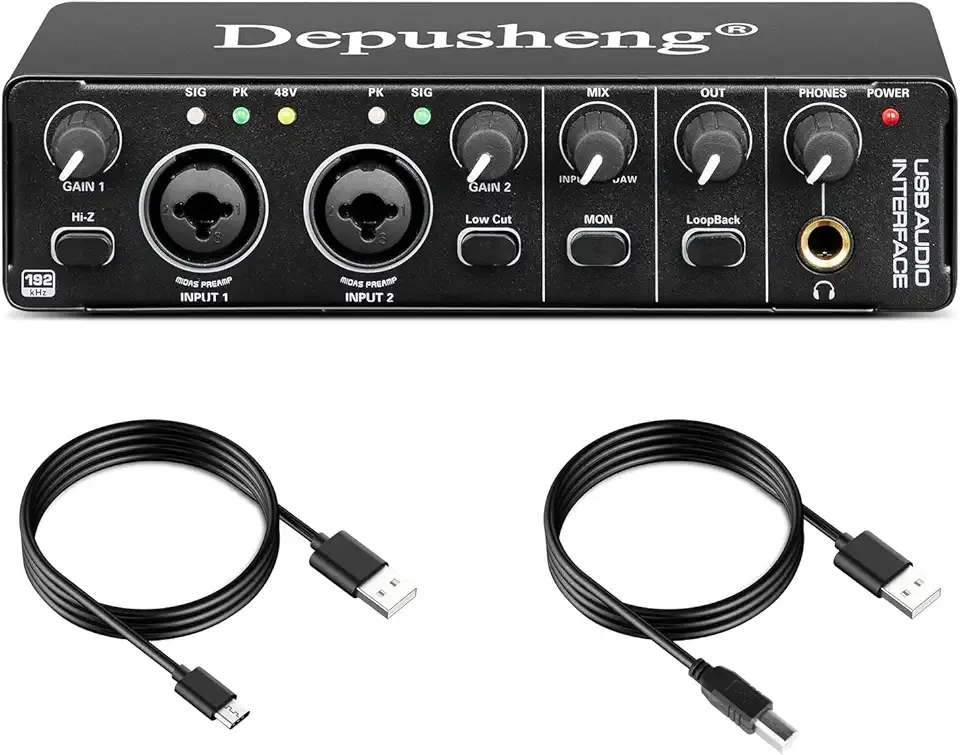 Depusheng RX2 usb audio interface computer recording sound card, home studio audio interface, can connect 48V condenser microphone, guitar recording
