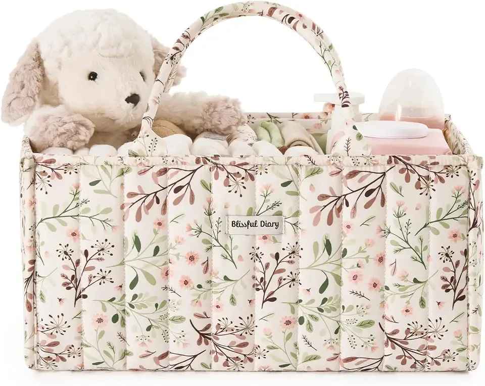 Blissful Diary Floral Diaper Caddy Organizer Storage Basket, Pastoral Daisy | Portable Storage Basket with Removable Dividers, Gift for Baby Shower, Newborn Boy & Girl Essentials, Baby Registry Must Have
