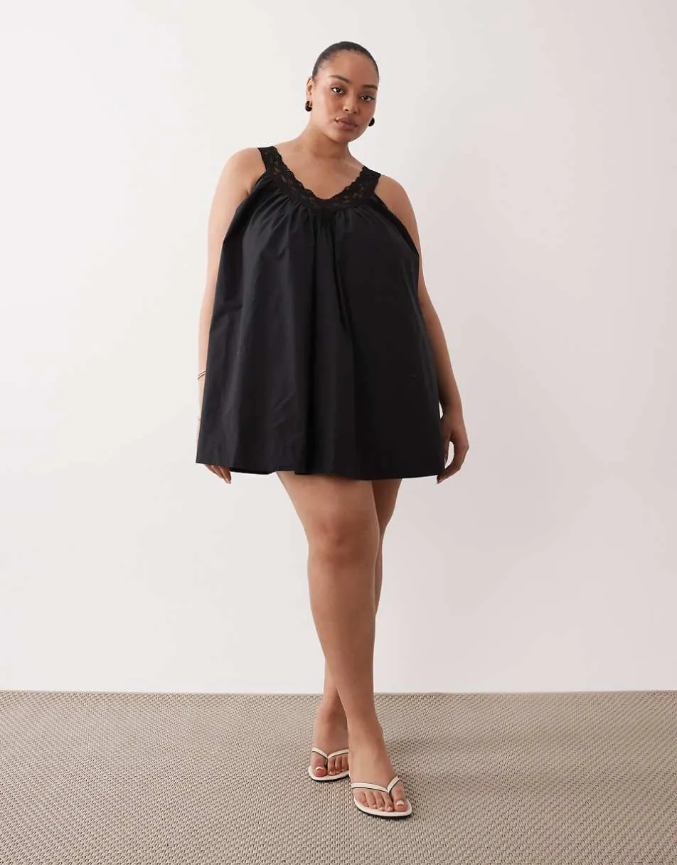 ASOS DESIGN Curve v neck smock poplin mini sundress with lace overlay in black