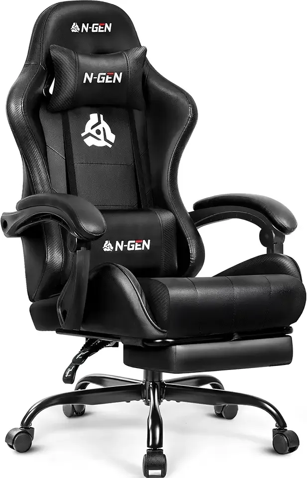 N-GEN GAMING Gaming Chair with Footrest, Lumbar, High-Back, All Black | Reclining Backrest, Linkage Armrests, Durable PU Leather, Adjustable Comfort for Extended Computer, Desk, or Home Office Use