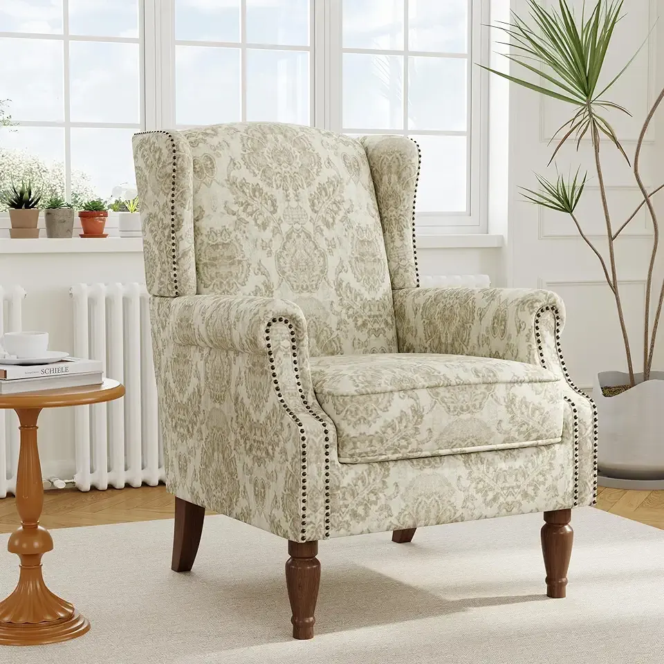 Accent Chair, Upholstered High Back Floral Armchair with Nailhead Trim & Wood Legs, Comfy Wingback Reading Single Sofa Chair for Small Spaces, Living Room, Bedroom-Light Brown Floral, 1 SEAT