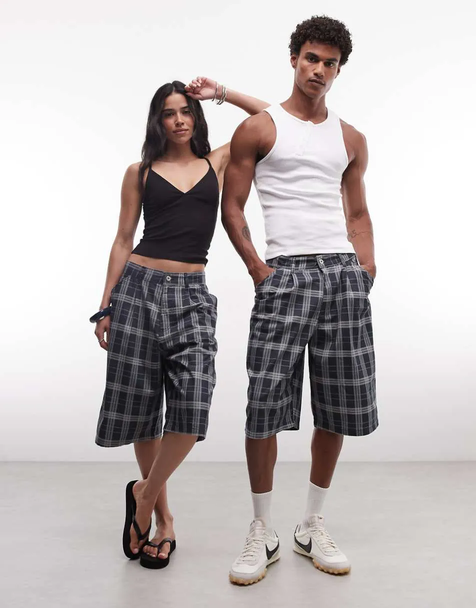 COLLUSION unisex longline jort in check