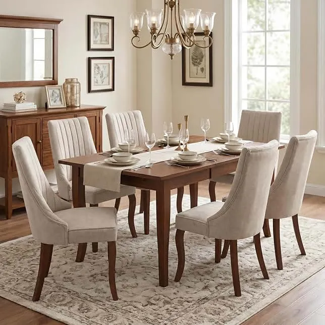 Mirgata Upholstered Dining Chairs Set of 6, Velvet Kitchen Chairs with Curved Solid Wood Legs, Mid Century Modern Walnut Dining Room Chairs…