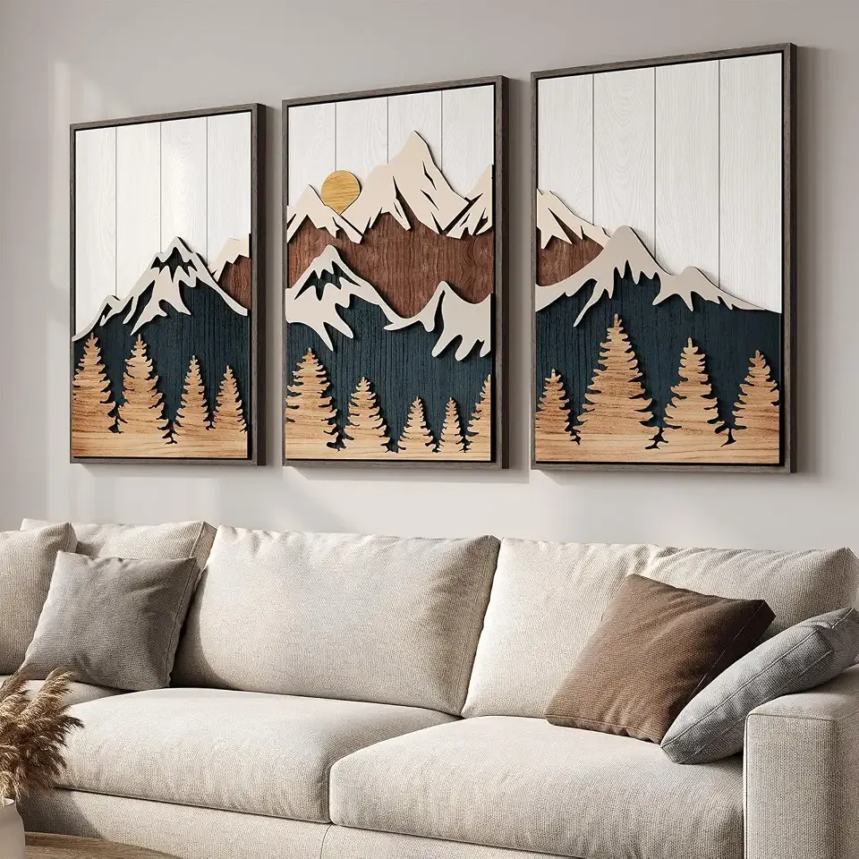 Large Framed 3D Wood Mountain Wall Art Decor for Living Room, 24x36 Inch | Wooden, Carved, Farmhouse, Nature, Large, Forest scenery, Sunset, Handmade style, Bedroom wall decor, Office art, Wood frame