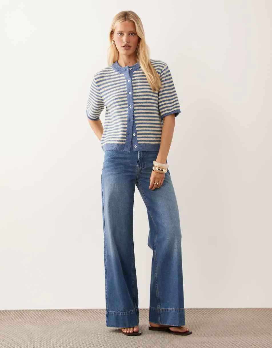ASOS DESIGN lightweight relaxed short sleeve cardigan in blue & buttermilk