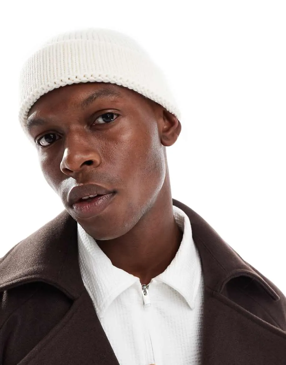 ASOS DESIGN knitted rib mini fisherman beanie in cream