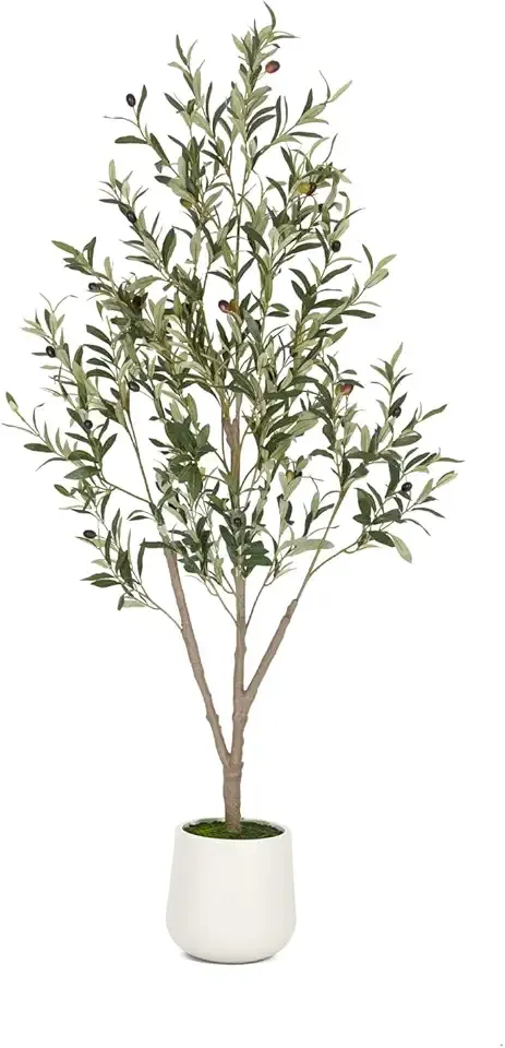 Olive Trees Artificial Indoor, 5FT Tall Faux Olive Tree with White Tall Planter, Artificial Plants with Natural Wood Trunk and Lifelike Fruits for Home Office Decor