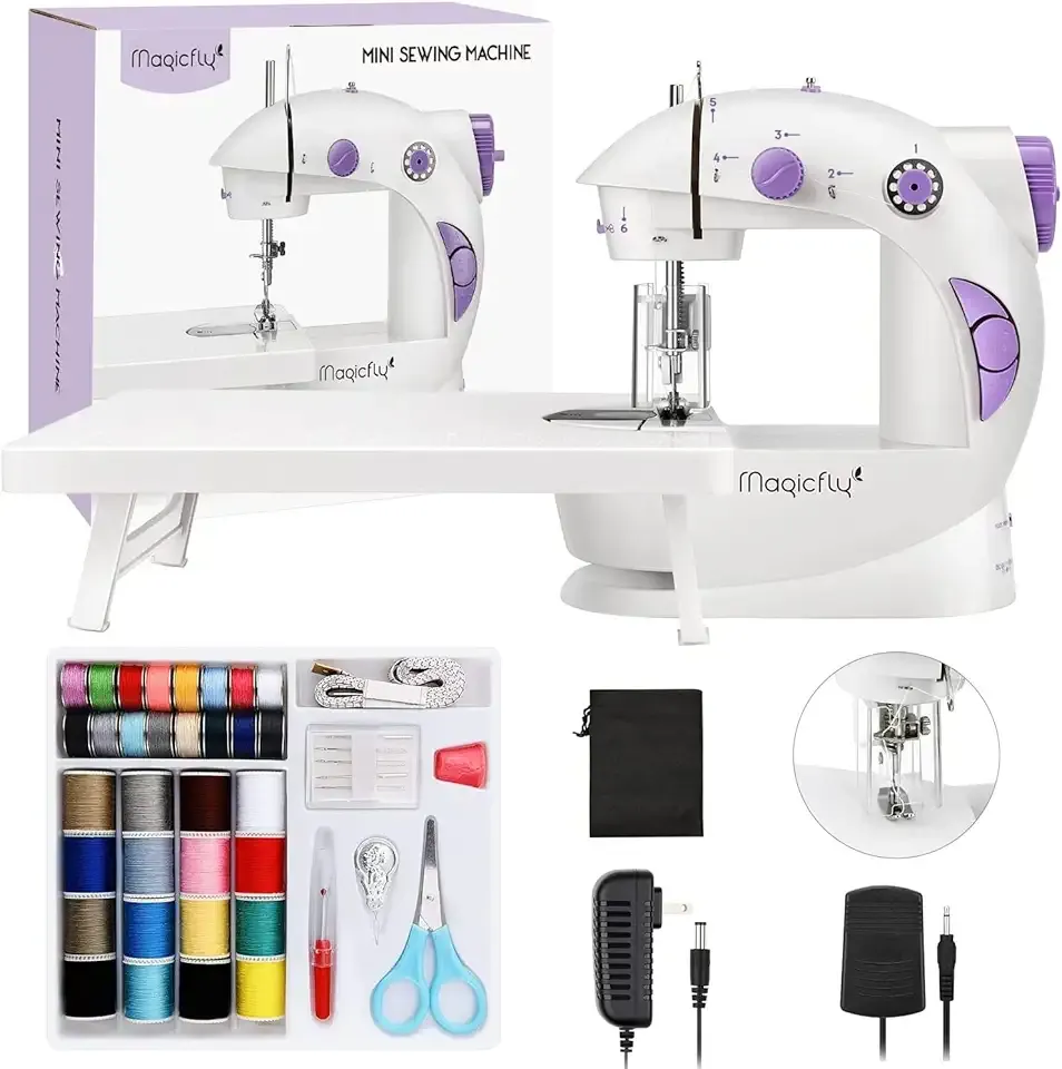 Magicfly Mini Sewing Machine with Extension Table, Dual Speed Portable Sewing Machine for Beginners with Light, Sewing Kit for Household Use, White
