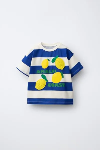 STRIPED T-SHIRT WITH FRUIT PATCHES