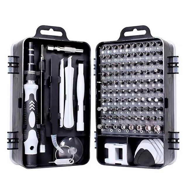 Kit di cacciavite multifunzione portatile 115 in 1 con albero flessibile, barra di estensione, pinza e 98 punte.