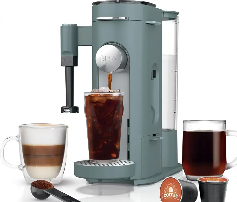 Pods & Grounds Coffee Maker, K-Cup Compatible, Sage Green, PB051SG | Built-In Milk Frother, 6-oz. Cup to 24-oz. Travel Mug Sizes, Iced Coffee Maker, 1550 watts