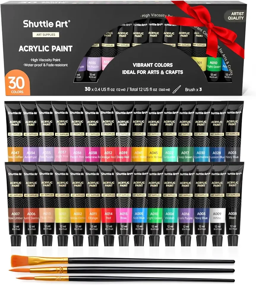 Shuttle Art Acrylic Paint Set, 30 x12ml Tubes Artist Quality Non Toxic Rich Pigments Colors Great for Kids Adults Professional Painting on Rocks Canvas Wood Clay Fabric Ceramic Crafts