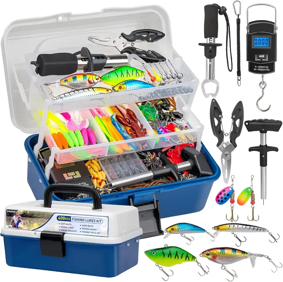 THKFISH 400PCS Fishing Lures Accessories Kit with Large 3-Layer Tackle Box Complete Freshwater Bass Fishing Gear Tools Set with Pliers, Fish Scale, Crankbait, Hooks, Weights Gift for Men