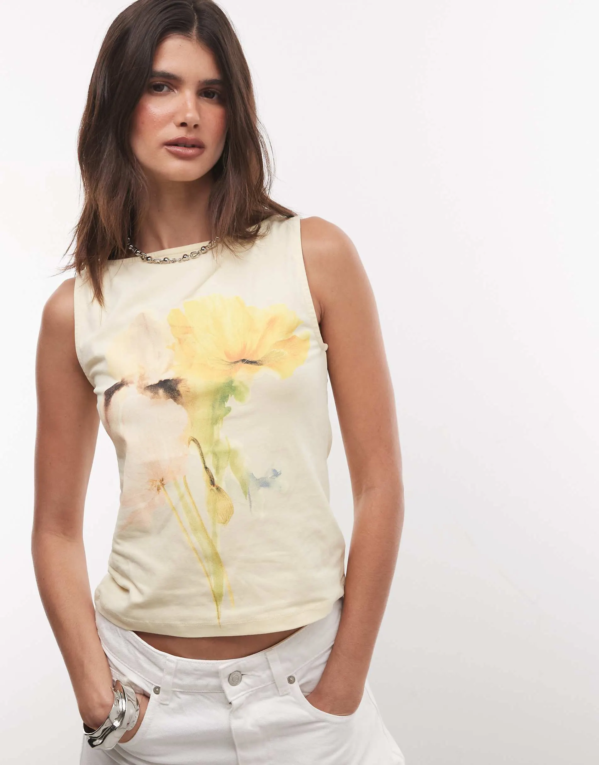 ASOS DESIGN slash neck vest with watercolour floral print in pale green