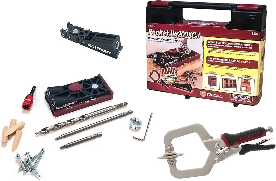 Milescraft Pocket Jig 200XCJ - Woodworking Tool Bundle with Double Barrel & Single Barrel Pocket Hole Jigs, 2" Face Clamp, Accessories