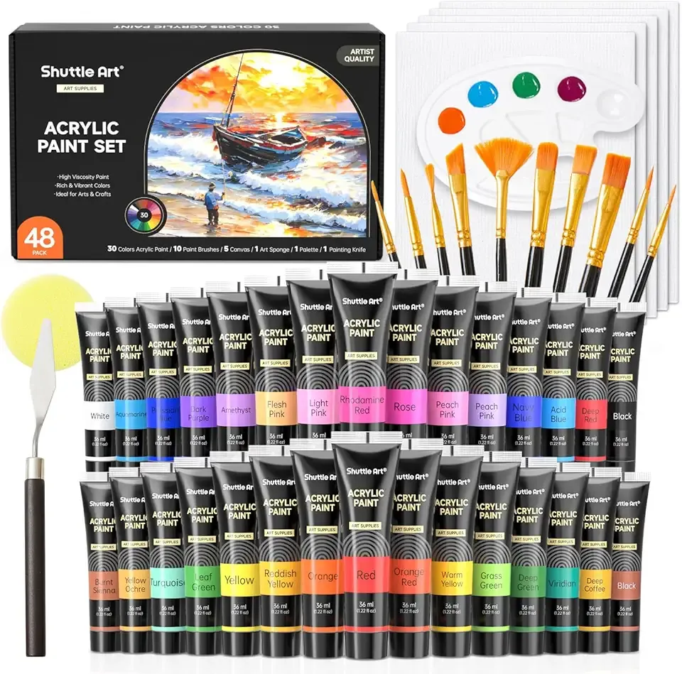 Shuttle Art 48 Pack Acrylic Paint Set, 30 Colors Acrylic Paint (36ml) with 10 Brushes 5 Canvas 1 Paint Knife 1 Palette 1 Art Sponge, Complete Set for Kids, Adults Painting on Canvas Rocks Wood Ceramic