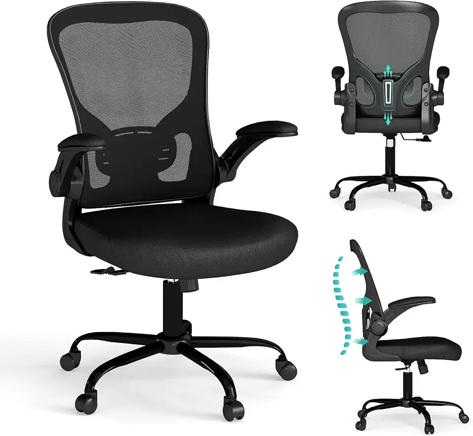Flysky Mesh Office Chair, Ergonomic Computer Desk Chairs (Black, Set of 1) | Comfy/Comfortable Flip-up Arm Rests, Lumbar Support, Height Adjustable, 360 Degree Rolling Swivel for Home Office