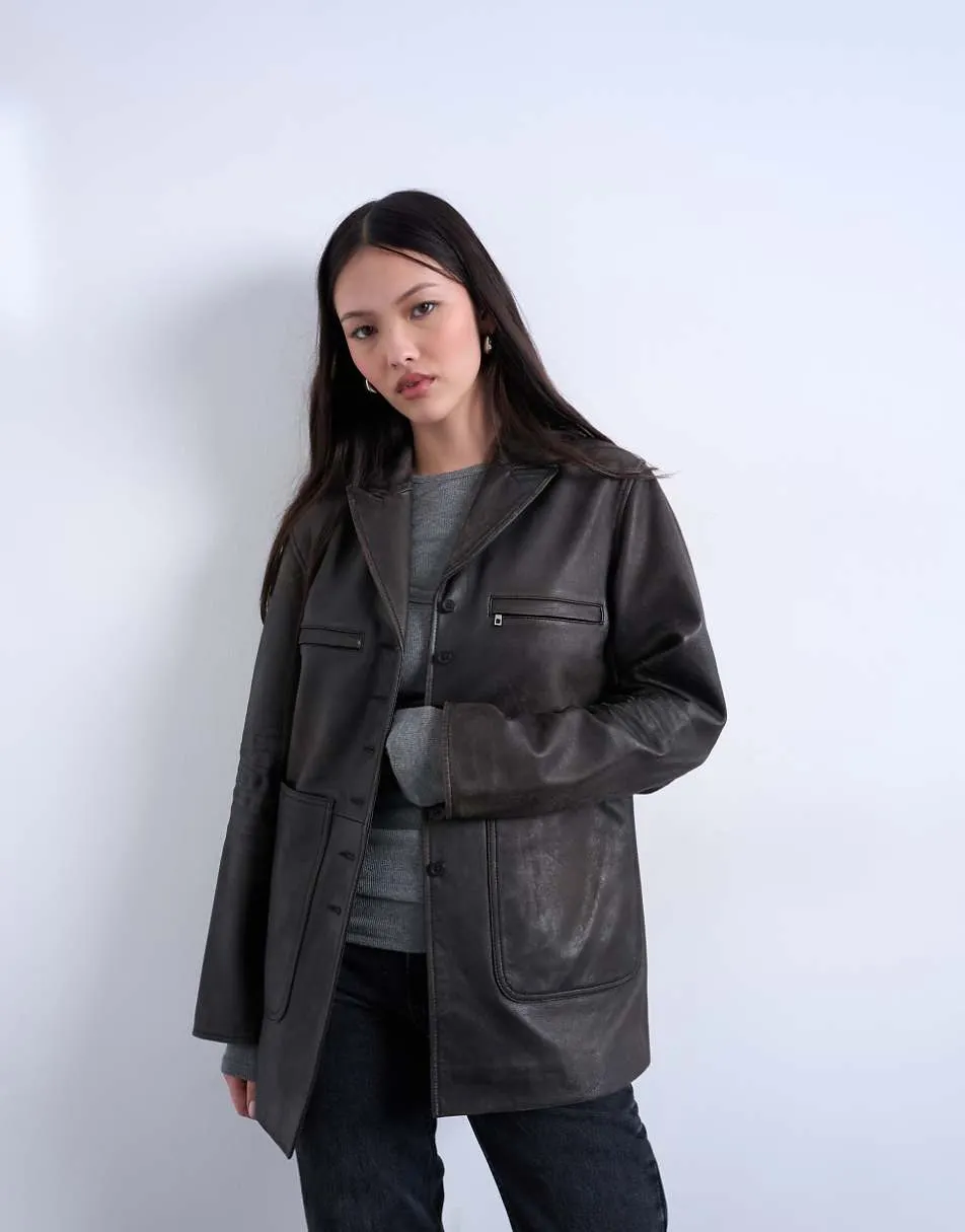 Topshop premium real leather blazer with patch pockets in washed black
