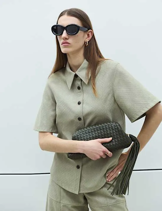 Faux Suede Basket Weave Collared Shirt
