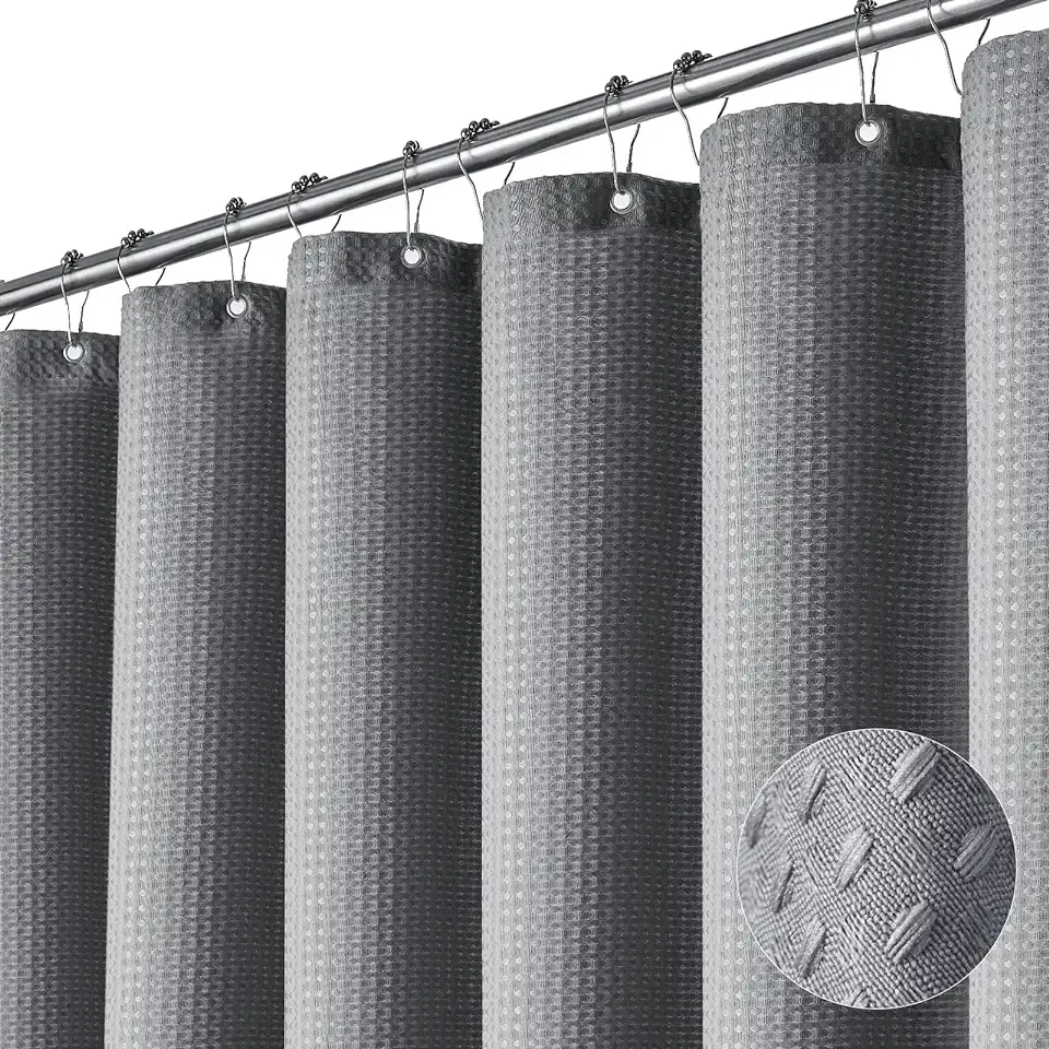Dynamene Grey Fabric Shower Curtain for Bathroom - Waffle Weave Textured Heavy Duty , 256GSM Hotel Luxury Weighted Cloth Bath Curtain Set with 12 Plastic Hooks,72x72, Grey/Gray