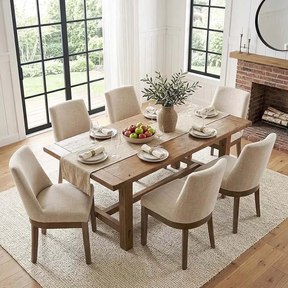 Modern Dining Chairs Set of 6 with Comfortable Back Support, Farmhouse Soft Linen Upholstered Kitchen Dining Room Chairs with Solid Wood Legs, Armless Accent Side Chairs for Living Room, Beige