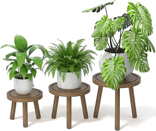 Vecxoty 3-Pack Wood Plant Stands Indoor, Single Plant Stand for 6-12 Inch Pots, Mid-Century Modern Plant Stool, Tall Plant Stand for Large Plants for Living Room, Balcony, Office (Dark Gray)