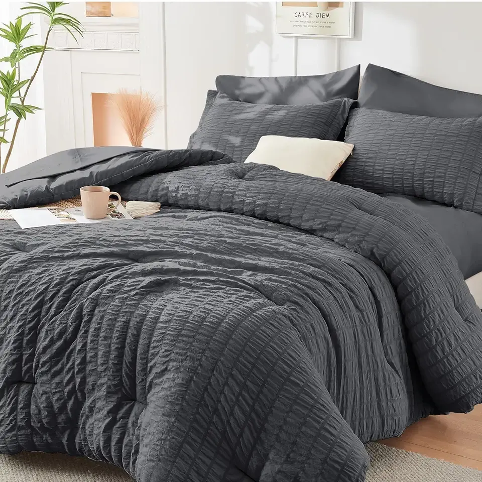 HYMOKEGE Full Size Comforter Sets Seersucker 7 Pieces, All Season Luxury Bed in a Bag for Bedroom, Bedding Set with Comforters, Sheets, Pillowcases & Shams, Dark Grey