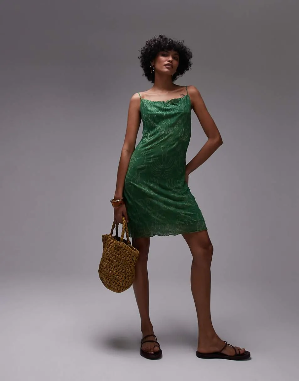 Topshop crinkle shell print mini dress in green