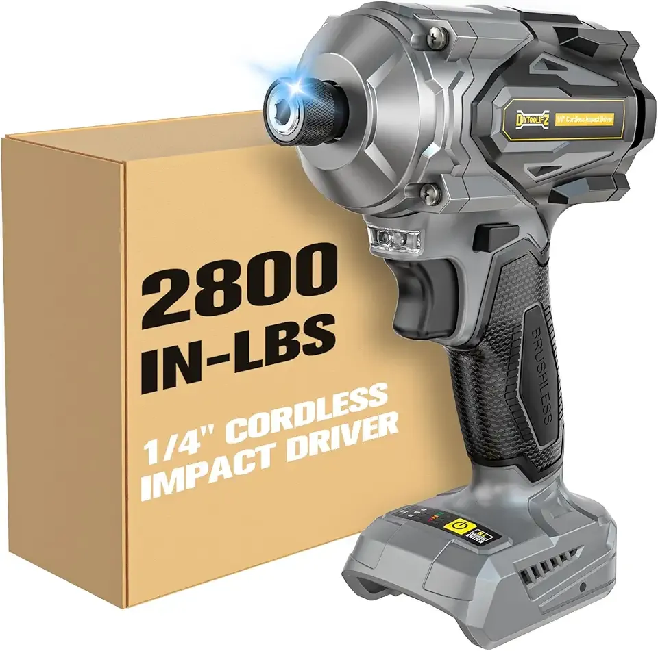 DIYtoolifz Cordless Impact Driver 1/4" Compatible with Dewalt 20V Battery (Tool Only), 2800 In-lbs Brushless Impact Drill, 3900 RPM Compact Driver Tool for Home Projects, Auto-Stop & LED Light