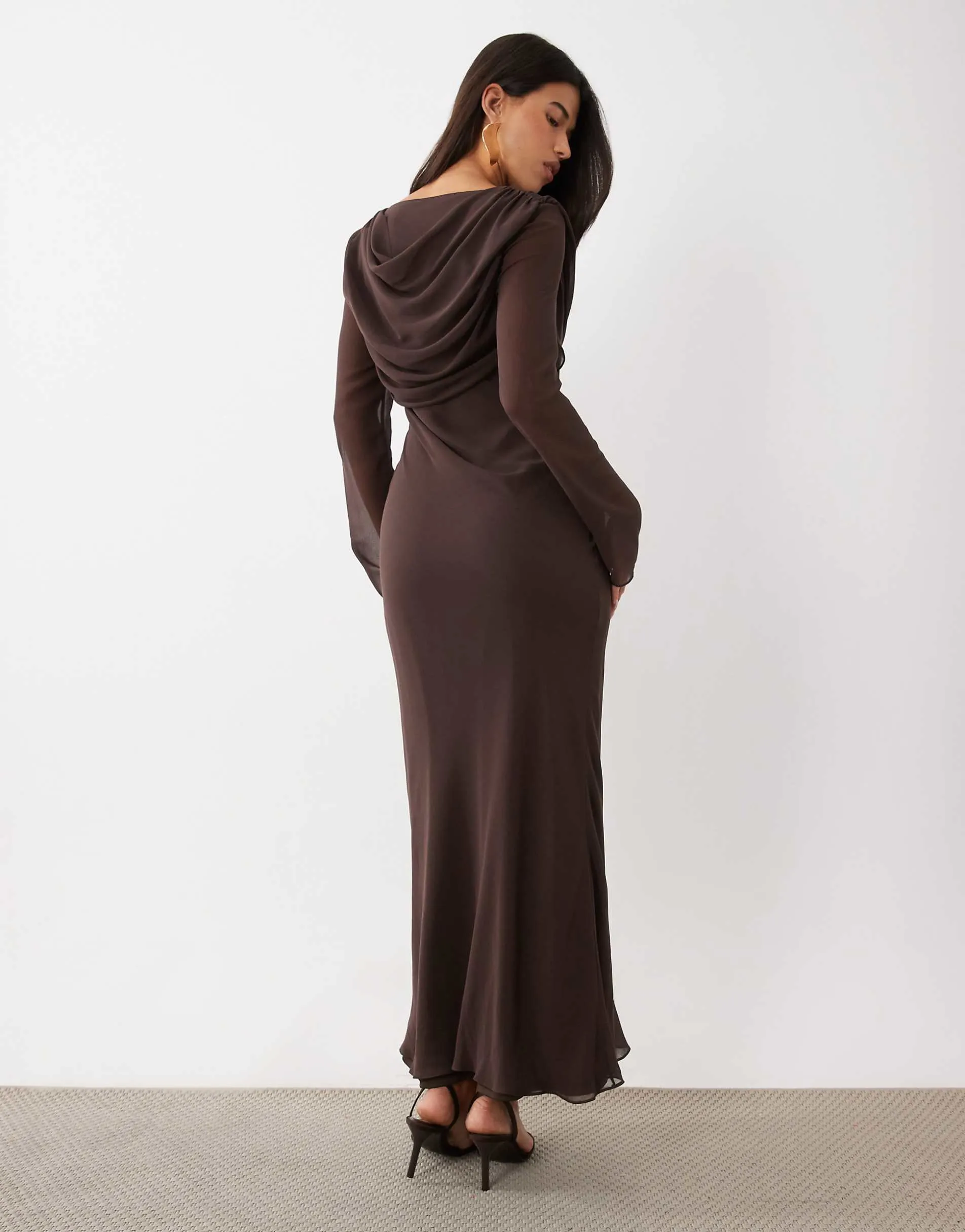 Daska mesh cowl back and front detail maxi dress in chocolate