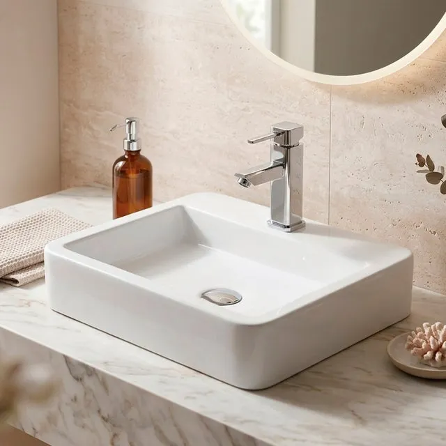 Lavabo sobre encimera o suspendido de porcelana blanca SOMAHOZ 450x420x100 mm.