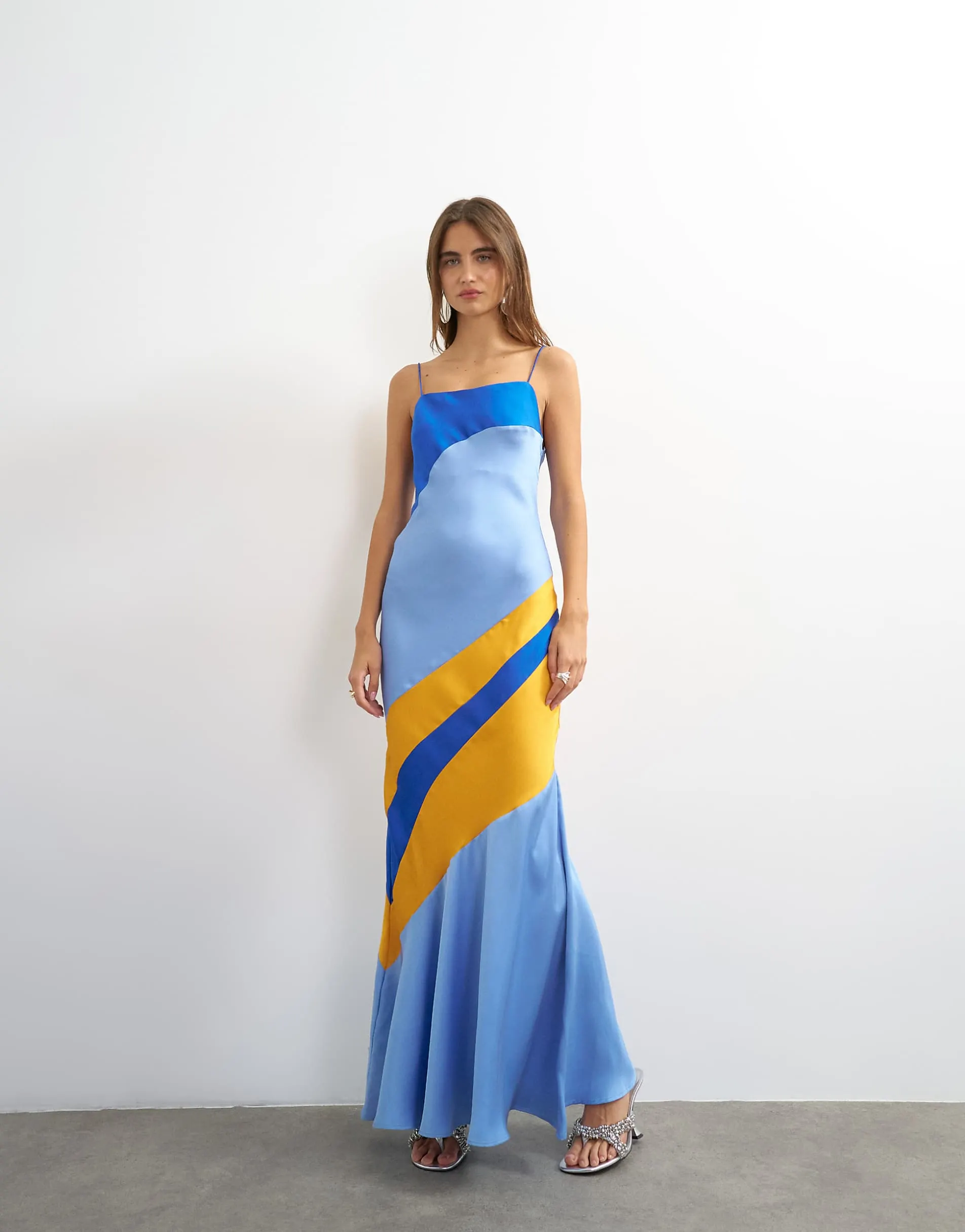Topshop contrast cut about maxi satin dress in blue and orange