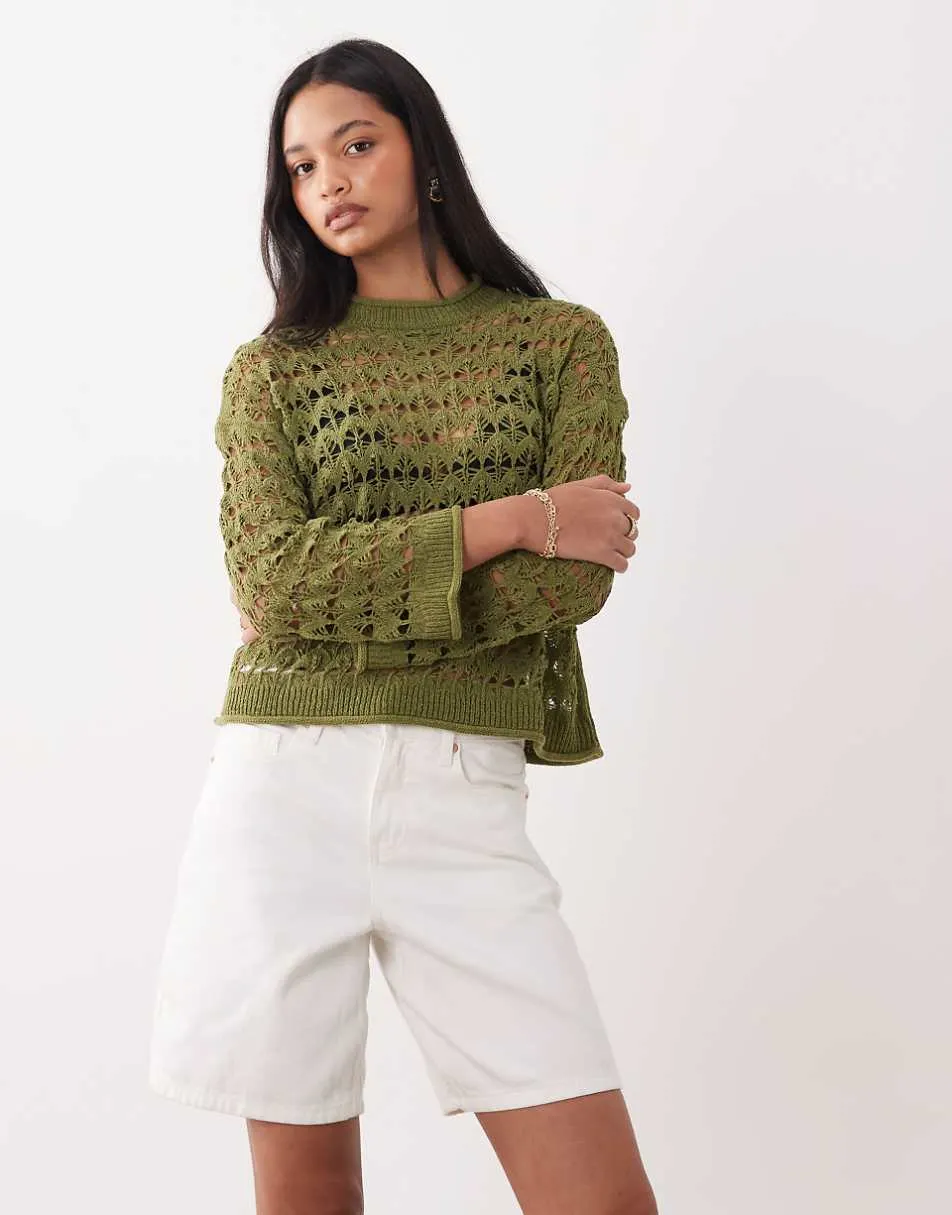 Miss Selfridge open crochet stitch jumper in olive