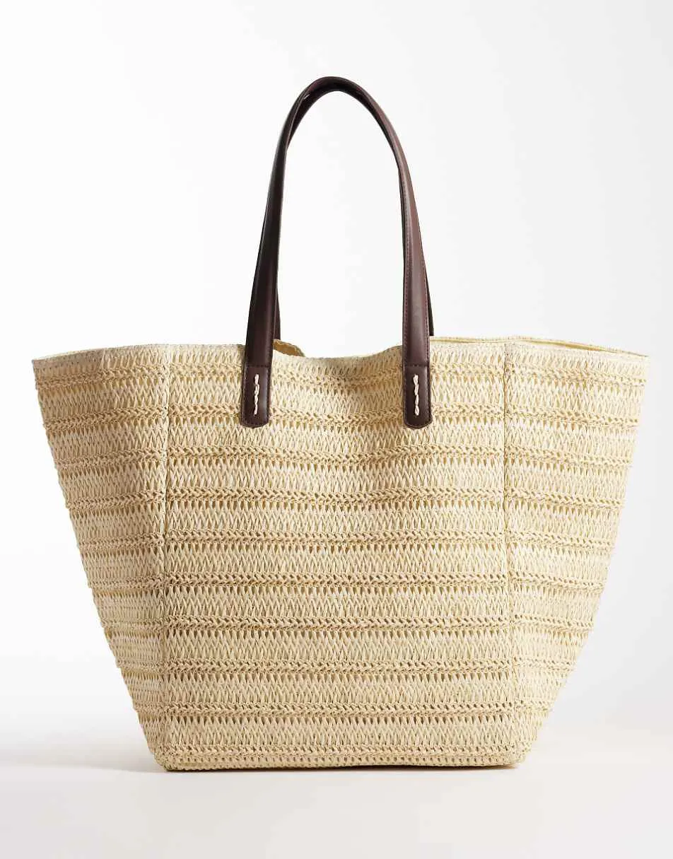 ASOS DESIGN straw oversized tote bag with pu handles