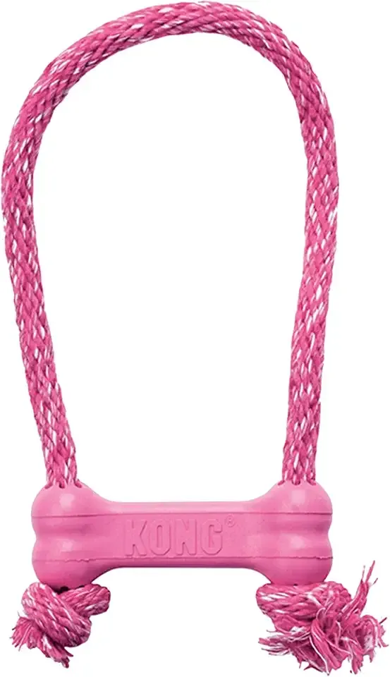 KONG Puppy Goodie Bone with Rope - Natural Rubber Bone with Cotton Rope - Teeth Cleaning Chew Toy for Growing Puppies - for XS Puppies - Pink