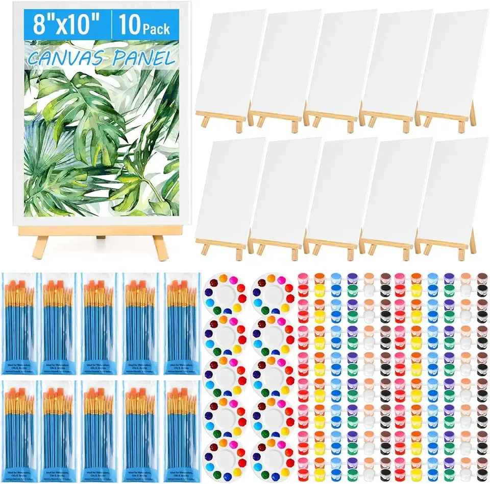 shynek 150pcs Painting Supplies Kit for Adults, 8 * 10In Canvas Boards with Easel Stand, 12 Colors Acrylic Paint Set, Artist Paint Brushes Set, Paint Trays, Sip and Paint Kit