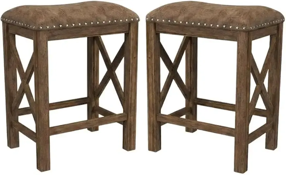 Starlight Canyon Home Acacia Wood Backless Counter Stool Set of 2, Rustic Farmhouse Backless Bar Stools for Kitchen Island Counter, Antique Walnut