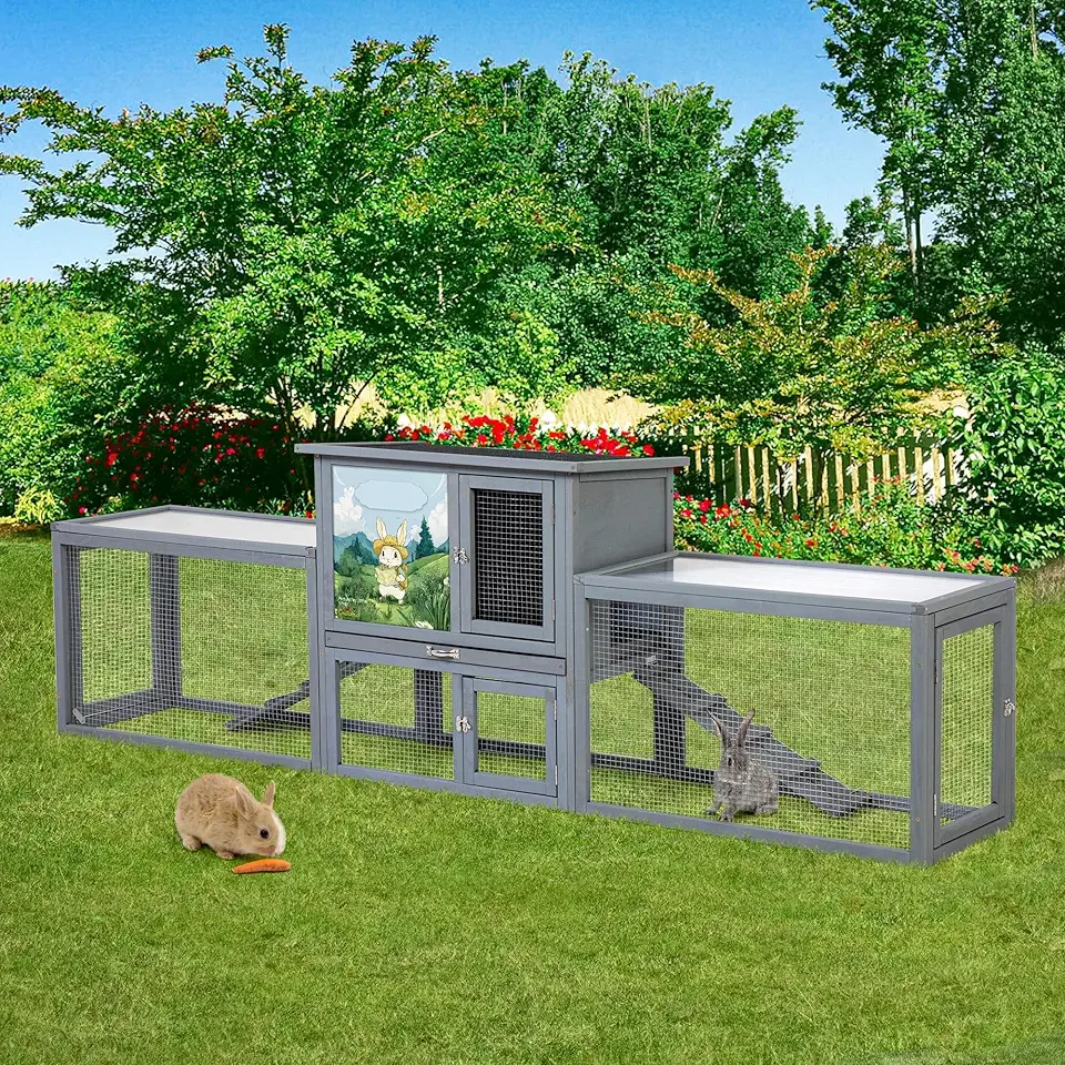 COZIWOW Large Rabbit Hutch Outdoor Indoor, 94.5" L 2-Level Bunny Cage for 2 or More Small Animals, Wooden Pet House with Removable Tray & Multiple Entrances