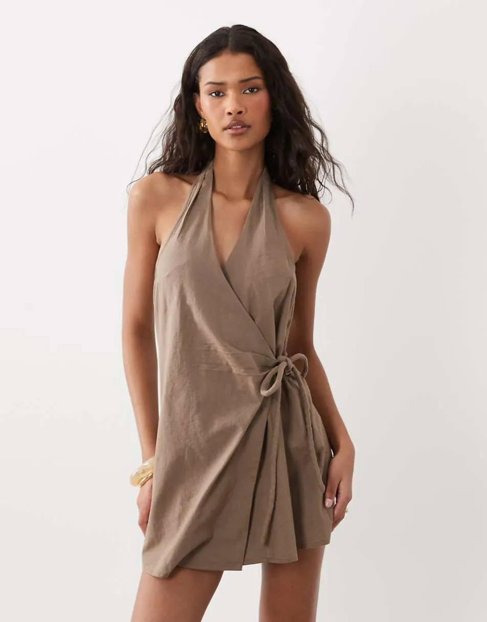 ASOS DESIGN cotton linen halter neck wrap mini sundress in ashy brown