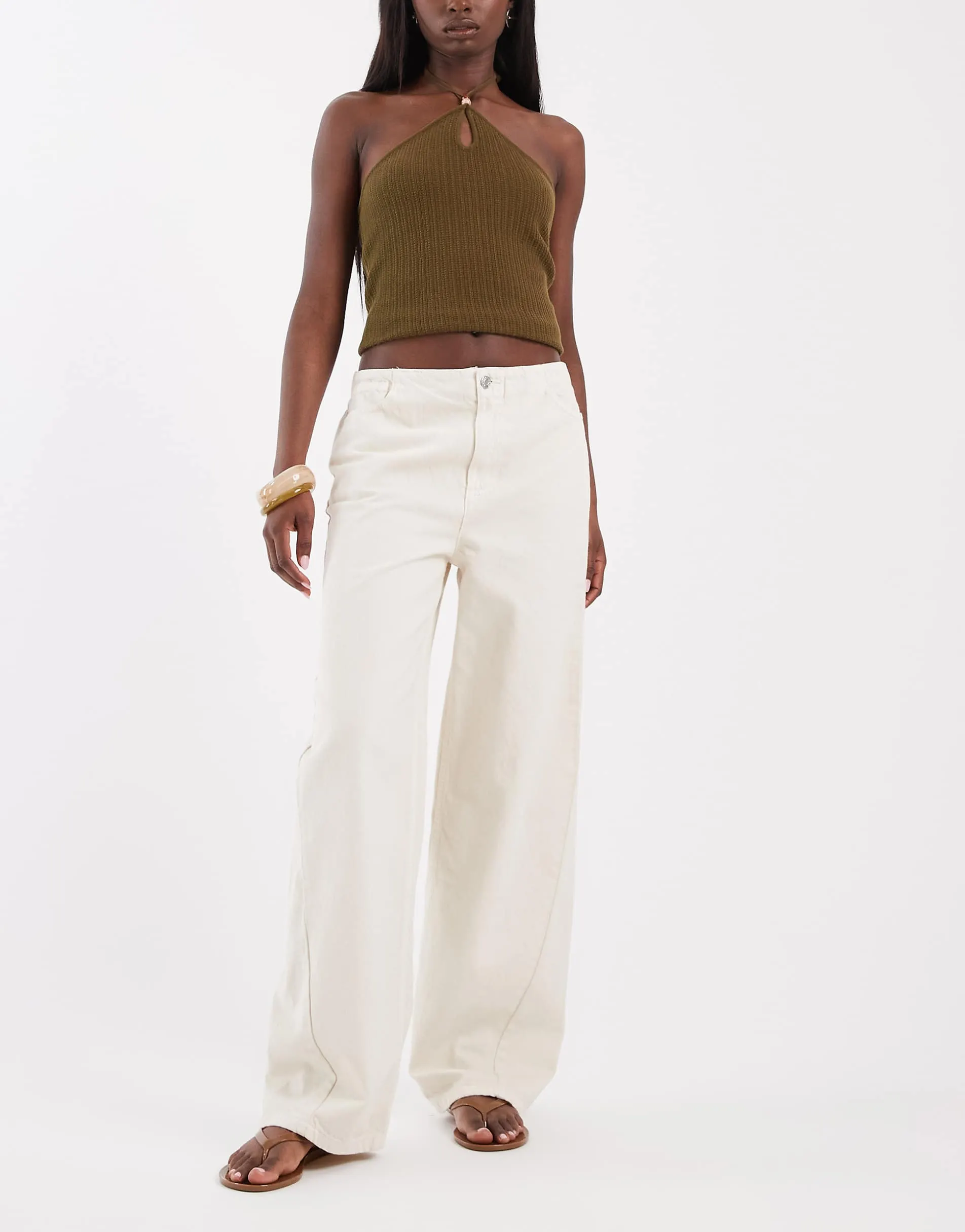 ASOS DESIGN barrel leg jeans with no waistband in off white