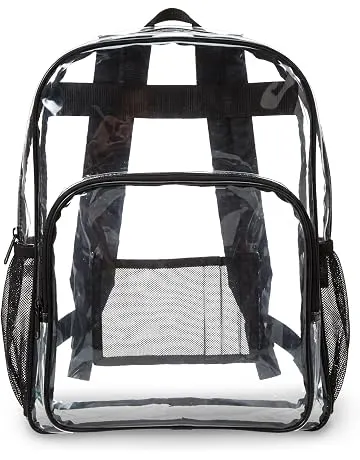 Amazon Basics Transparent Clear School Backpack, Water-Resistant PVC Plastic, Reinforced Shoulder Straps, 17 x 7 x 13 in