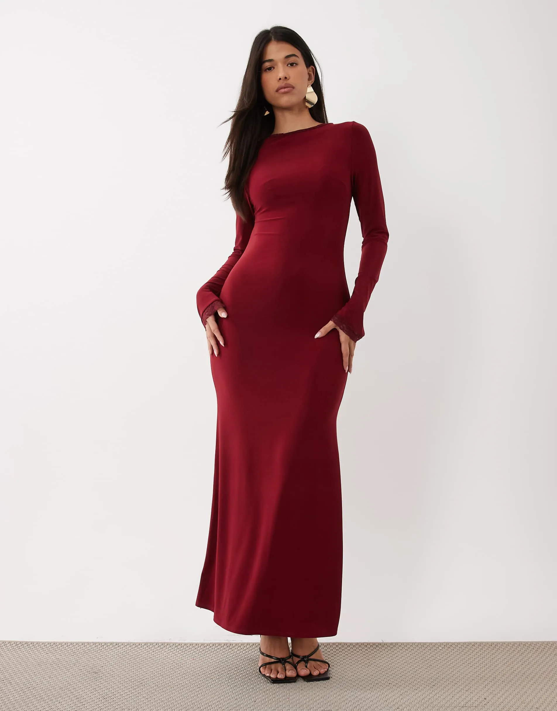 Daska slash neck slinky maxi dress with lace trim detail in burgundy