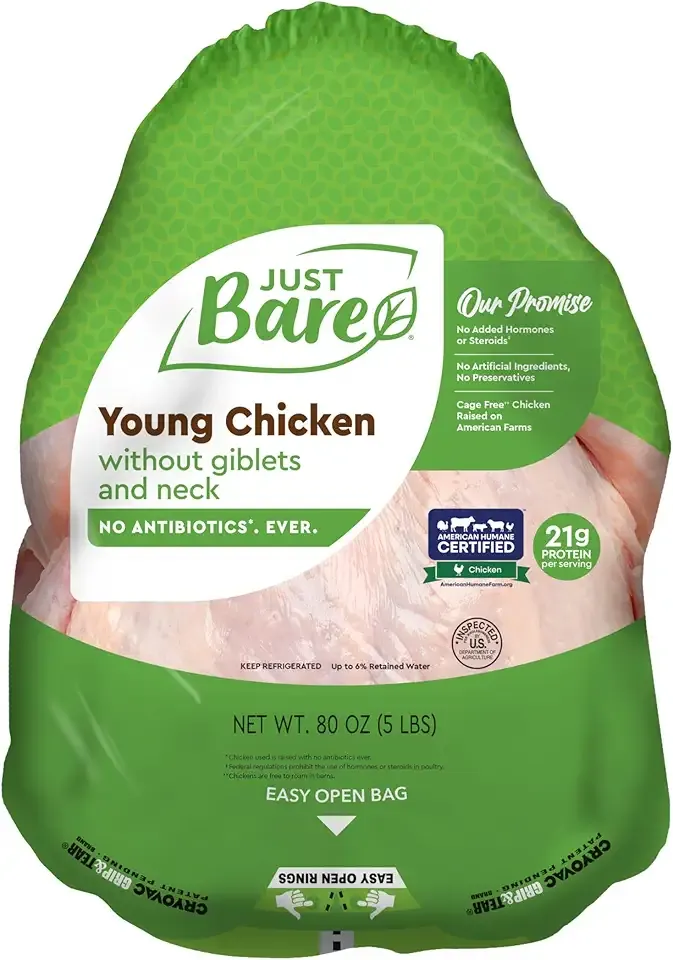 Just Bare Natural Fresh Whole Chicken | Antibiotic Free | Bone-In | Without Giblets & Neck | 4.0 LB